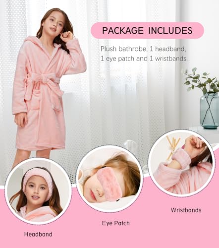 Girls Boys Fleece Robe Bathrobe with Eyemask Hairband Wrist Towels Kids Soft Lightweight Plush Hooded Robe3