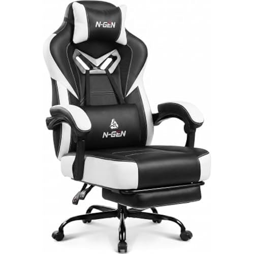 N-GEN GAMING Big & Tall Gaming Chair with Footrest, Lumbar Support, White