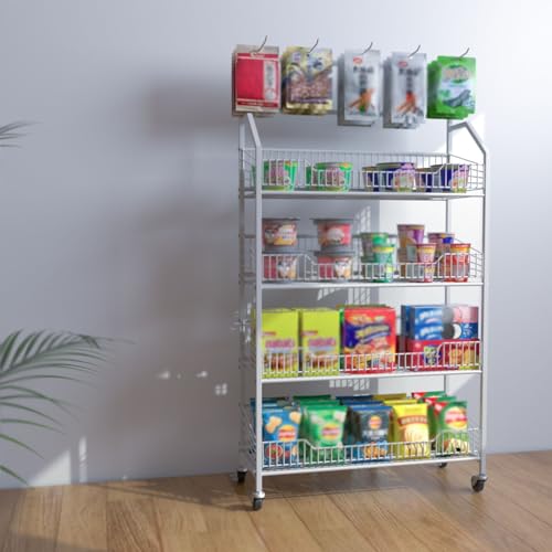 Estante para frutas y verduras blanco con cesta grande, ganchos y ruedas para comercios 2