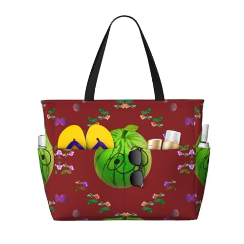 Big Eye Watermelon Large Capacity Beach Travel Bag, Foldable Beach Bag with Zipper, Great for Grocery Bag Pool Gym Travel Shopping