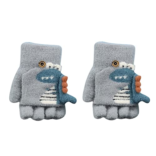 Boys Gloves Cartoon Dinosaur Print Knitted Warm Convertible Flip Mittens Top Fingerless Baby Winter (Grey, One Size) #TOP24