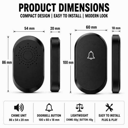 Image of OXSAM Wireless Doorbell - Long Range Over 100 Ft, 32 Rings Bell, Battery Powered Door Bell Chime with LED Flash Wireless Calling Bell for Home, Office, Shop (Black (plug))