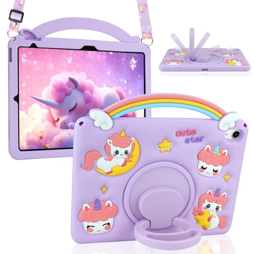 HianDier for iPad A16 Case 11th for iPad 10th Generation Case for Kids Cute Unicorn with Rainbow Handle and Detachable Lanyard Rotatable Kickstand Shockproof Protective Tablet Cover Girls-Purple