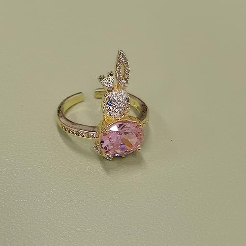 Dtja CZ Rabbit Animal Statement Ring for Women Gold Plated Adjustable Pink Rhinestone Crystal Pet Open Band Finger Rings Comfort Fit Fashion Cute Birthday Holiday Christmas Jewelry Gift Size 8-10