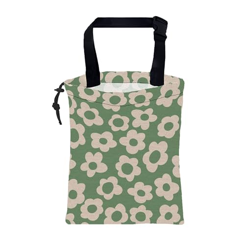 Image of Car Garbage Bag Vintage Green Groovy Flowers Drawstring Car Trash Bag Hanging for Back Seat with Adjustable Buckle Canvas Vehicle Trash Can Easy-to-Install