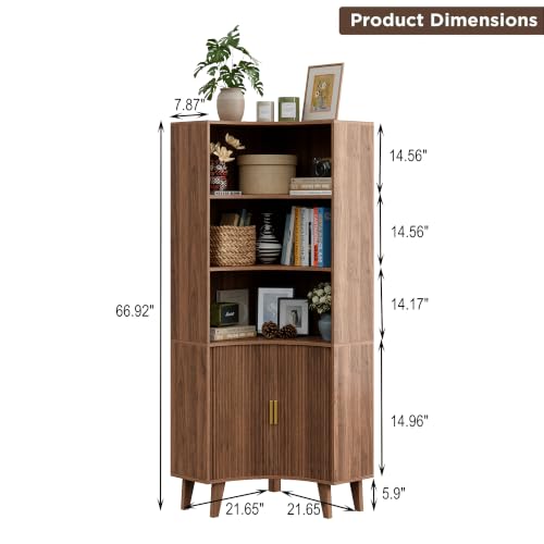 Image of Tall Corner Cabinet with Fluted Doors, 5-Tier Coffee Bar Cabinet