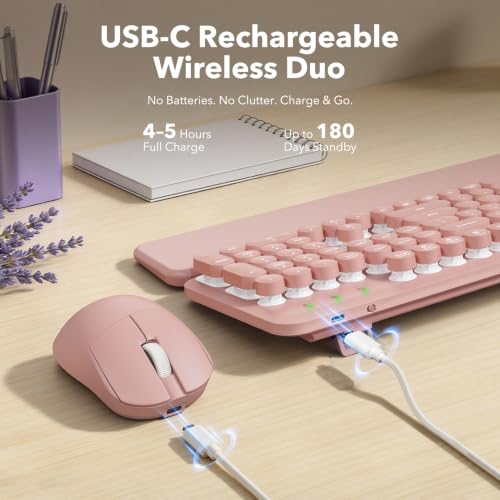 Image of Rechargeable Backlit Wireless Keyboard and Mouse Combo, Retro Typewriter Keyboard with Magnetic Wrist Rest, Light Up Letters, 2.4GHz Cordless Connection for Mac, Windows PC, Laptop (Glowing Pink)