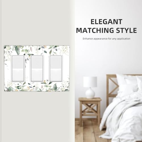 Decorative Outlet Covers Rustic Ink Green Eucalyptus Leaves Sage leaf 3 Gang Outlet Cover Wall Plate Triple Rocker Light Switch Cover Plate Switch Plate Covers for Bedroom Home Decor