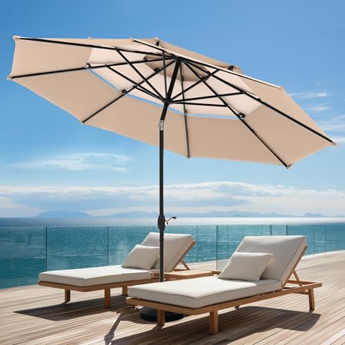 Image of PHI VILLA 10ft Outdoor Patio Umbrella for Outside, 3 Tier Vented Round Market Table Umbrella Windproof for Backyard, Deck, Garden, Beige & Tan(No Base)