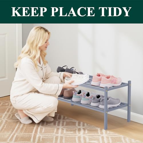 Image of Smiry Bamboo Shoe Rack, 5 Horizontal Slats, 2 Tier - 26.8 inch Wide, Grey