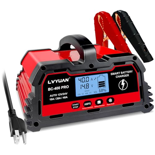 LVYUAN 40Amp Smart Car Battery Charger, 12V/24V Automotive Charger, Lead-Acid Battery, LiFePO4 Battery Maintainer with LCD Display, Trickle Charger, for Lawn Mower, Motorcycle, AGM, STD, Gel, EFB,etc