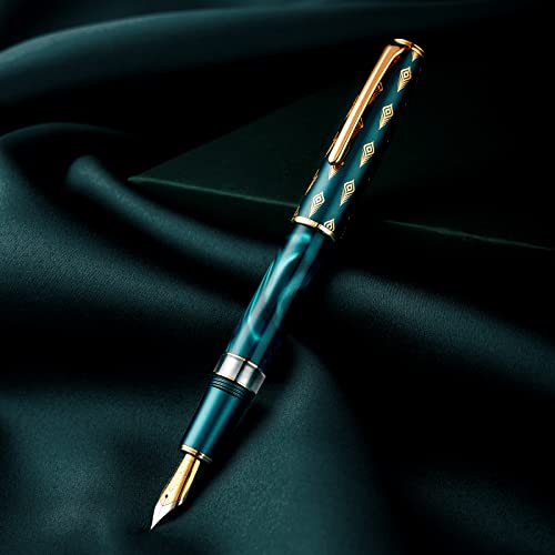 Hongdian N7 Blue Peacock Resin Piston Fountain Pen, Iridium Fine Nib Classic Pen, Smooth Writing Pen with Metal Box - Image 2