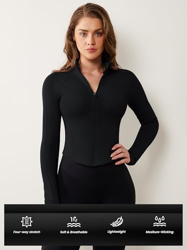 avgo women39s workout jacket lightweight zip up cropped yoga jackets slim fit athletic tops with thumb holes