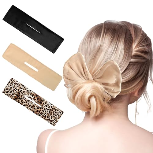 Deft Hair Bun Maker, No‑Slip French Twist Hair Styling Tool, Reusable Easy Bun Maker for Daily & Party Hairstyles, Women Girls Hair Accessories, 3 PCS (Black, Khaki, Leopard)