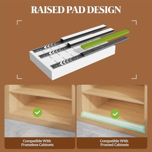 4 Pack Expandable Pull Out Cabinet Organizer 21" Deep With Raising Pad for Framed Cabinets,Upgrade 3 Slide Rails Slide Out Drawers,No Drill Roll Out Shelves,Adjustable Width 9"-14" White