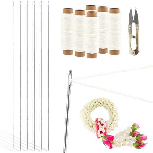 Ovrimelle 13 Pcs Lei Needle Kit 6 Pcs 14 Inch Stainless Steel Long Lei Needle and 6 Rolls Twine 1 Sewing Scissors DIY Making Kit for Marigold Garland Hawaiian Flowers Bead Stitch Craft