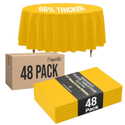 Image of Exquisite Yellow Round Tablecloth 84 inch - 48 Pack | Plastic Tablecloth, Disposable Table Covers Round for Parties, Weddings, Holidays & Party Supplies