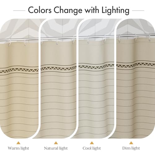 Image of AmazerBath Farmhouse Shower Curtain, Brown Shower Curtain Set with Tassels, Rustic Faux Linen Brown Striped Boho Shower Curtain with Hooks, Warm Tan Toned, 72x72 Inches