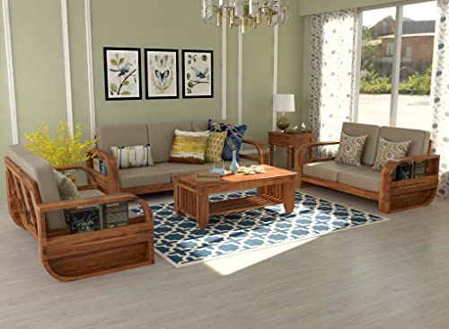 Image of Wooden 7 Seater Sofa Set for Living Room | Seven Seater Sofa for Office & Lounge | 3+2+2 Seater Sofa Sets for Home | Sheesham Wood (Honey)