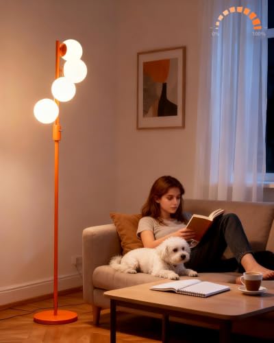Image of Lightdot 64IN Dimmable Globe Floor Lamp, Modern Orange Standing Lamps with 4PCS Warm White Bulbs Included,Mid Century Floor Lamp with 5Lbs Heavy Base for Living Room /Bedroom /Sofa Beside /Corner Decor