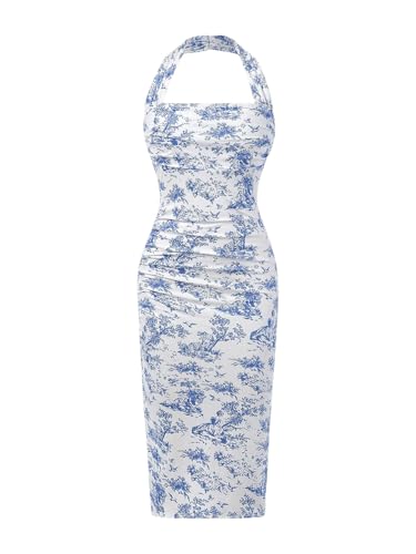 Floerns Girl's Floral Bodycon Halter Top Dress Ruched Split Midi Pencil Dresses