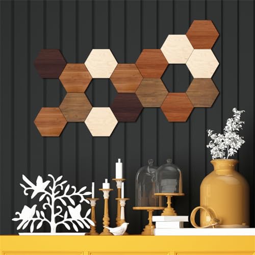 Wooden Multi Color Wall Art Decals, 15 PCS 3D Hexagon