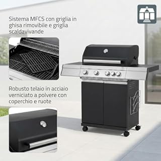 Tarrington House Barbecue a Gas Paxton, Acciaio/Acciaio Inox, 4 Bruciatori + 1 Fornello, Tavolino Laterale, Termometro, 4 Ruote, Nero Opaco