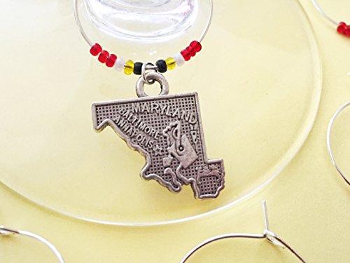 Maryland Nautical Themed Wine Charms, Ships Ahoy, Sailing gift. Includes Maryland state, Crab, Anchor, Ship Wheel, Lighthouse, Sailboat etc. Beach lover gift. Set of 8. MARYLAND FLAG THEMED BEADS.