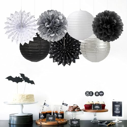 Image of Black White Silver Party Decorations - 20pcs New Year Men Birthday Paper Lanterns Fans,Tissue Pom Poms,Honeycomb Balls,Bunting,Wedding Bachelorette Bridal Graduation Baby Decor Burgleda