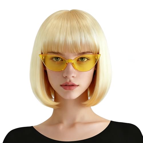 GYIOFAI Carré Blonde Perruque Partyrama avec Lunettes pour Femme, Raides Court Droit Bob Perruques avec Flat Frange Raides Cheveux Synthétiques pour Cosplay Halloween Costume Fête (Blonde)