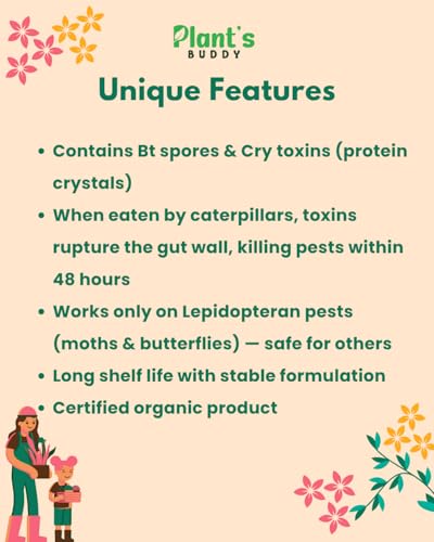 Image of PLANT'S BUDDY Bacillus Thuringiensis Kurstaki Liquid Insecticide for Plants (2x10⁹ CFU /ml) - 250 ml | Organic Insecticide for Plants for Caterpillar Control for Veggies, Fruits & Gardens