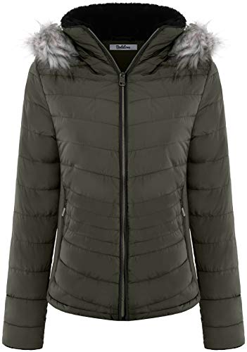 Bodilove Women's Everyday Warm Winter Quilted Puffer Short Coat High Collar Jacket With Removable Faux Fur Hood Zipper Vegan Leather Piping Water Resistent Olive L #TOP2