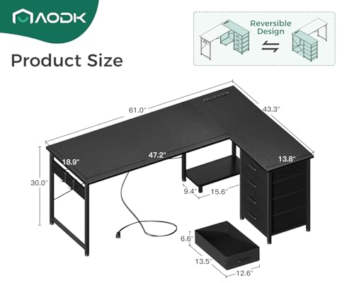 AODK L Shaped Gaming Desk with 4 Drawers, 61\" Reversible Home Office Desks with Power Outlets, L Shaped Computer Desk with USB Charging Port and Host Stand, Corner Desk, Easy to Assemble, Black