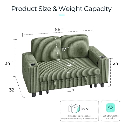 Image of LINSY HOME Loveseat Sofa with Storage - Comfy Plush Corduroy 2 Seater Sofa with USB Charging & Cup Holders, Deep Seat Love Seat for Small Spaces Living Room Bedroom Apartment, Green