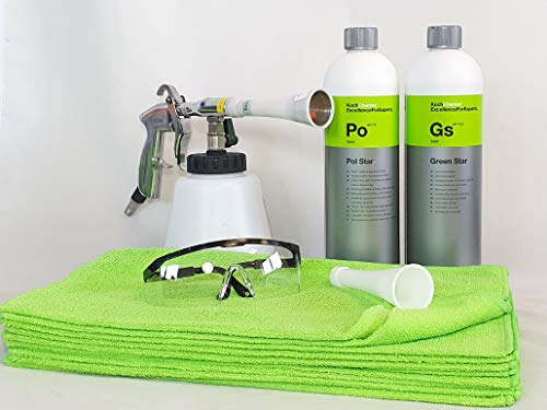 Clean2 Blow Gun - Juego de pistola de limpieza Koch Chemie Green Star 1 L + Koch Chemie Pol Star 1 L + gafas protectoras, 10 paños de microfibra de 40 x 40 cm