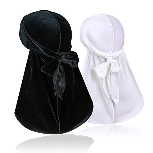 2 Pieces Velvet Men Durags – Premium Soft Durag Headwraps with Extra Long Tail and Wide Straps Perfect for 360 Waves, Style 12, One Size