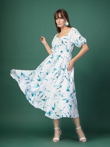 Image of OOMPH! Below Knee Shift Pink Dress in Crepe Fabric with Round Neck and Puff Sleeves - md619l