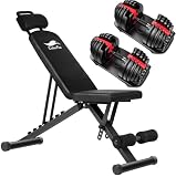 CuteeFox 商品 トレーニングベンチ＋可変式 ダンベル 24kg アジャスタブルダンベル 2個セット 2.5～24kg 15段階調節 5秒で重量調整 クイックダンベル 筋トレ 折り畳み フラットベンチ 腹筋 背筋 ダンベルベンチ 角度調節簡単 収納便利 009ZH (黒赤)