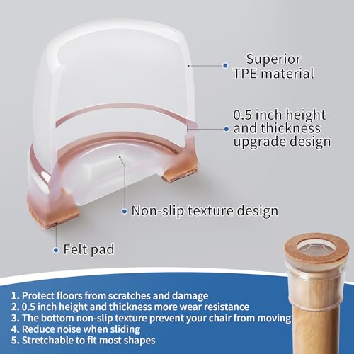 Ezprotekt Chair Leg Covers, 24 PCS 1" Transparent Silicone Chair Leg Floor Protectors with Wrapped Felt - Image 2