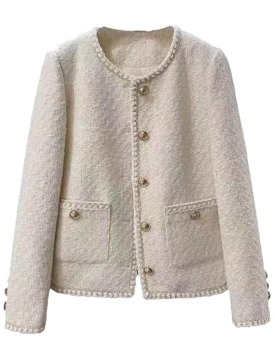 [BLZXIAN] ベージュ ツイード ジャケット レディース ノーカラー ジャケット カーディガン ジャケット アウター ツイードコート 入学式 卒業式 結婚式 カジュアル 通勤 普段着 オフィス お出かけ 春秋 (ベージュ,S,S) - BLZXIAN - 商品画像