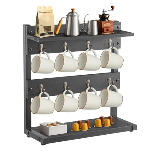 2-Tier Mug Tree 8 Hook Coffee Mug Holder Stand with Storage Base Mug Display Organizer Mug Holders Cup Storage Organizer for Home Kitchen Bar Counter Display Tea (Black with partitions)