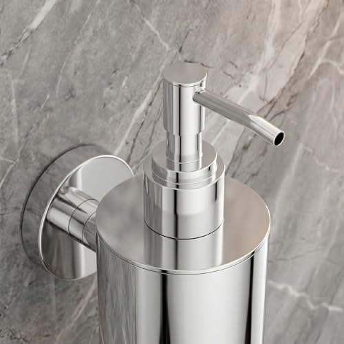 Image of Premium Wall Mounted Liquid Soap Dispenser - 304 Stainless Steel Holder with Frosted Glass Bottle | Rust-Proof Hand Wash Pump for Bathroom, Kitchen, & Wash Basin (Round 10CH)