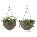 Keter Resin Rattan Set of 2 Round Hanging Planter Baskets for Indoor and Outdoor Plants-Perfect for Porches and Patio Decor, Taupe