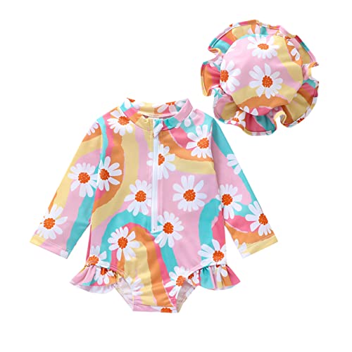 Baby Girl Long Sleeve Swimsuit One Piece Rash Guard Daisy Floral Ruffle Zipper Swimwear Swimming Hat Infant Rainbow 12-18 Months