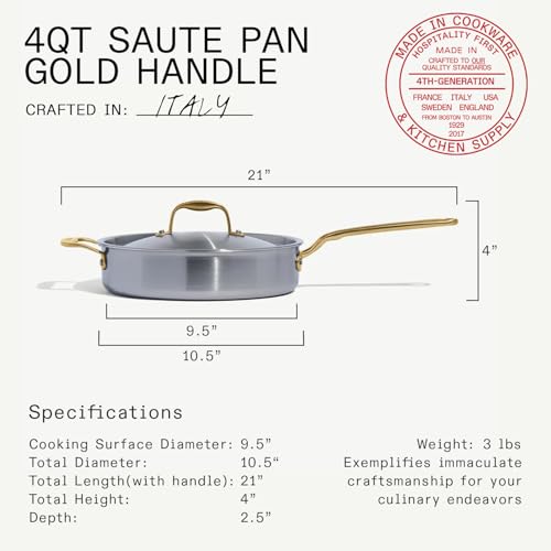 Image of Made In Cookware - 3.5 Quart Stainless Steel Saute Pan (Antique Brass Handle) - 5 Ply Stainless Clad - Professional Cookware - Crafted in Italy - Induction Compatible
