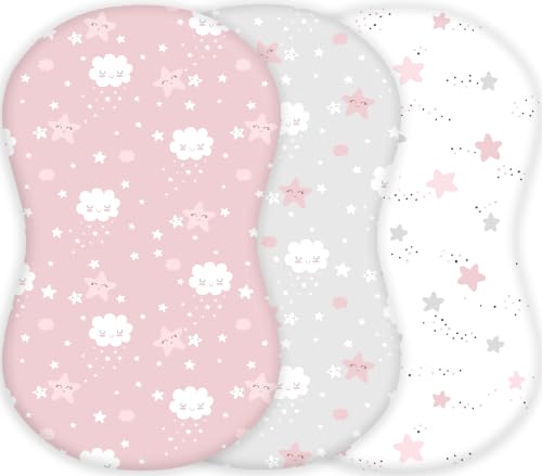 TansyPanda Halo Bassinet Sheets for BassiNest Swivel, Luxe, Soothing, Lite, Connected, Essential Sleeper, 3PC, 33X17 In, Breathable, Skin Friendly, Ultra Soft, Snug Fit, Unisex Boys Girls, Pink Clouds