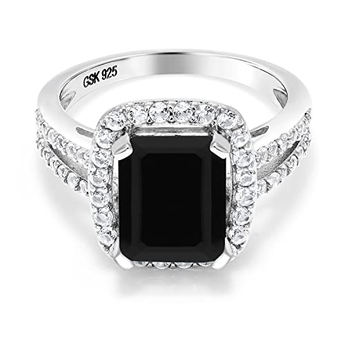 Gem Stone King 925 Sterling Silver Black Onyx Engagement Ring For Women (3.75 Cttw, Emerald Cut 10X8MM, Gemstone Birthstone, Available in size 5, 6, 7, 8, 9)