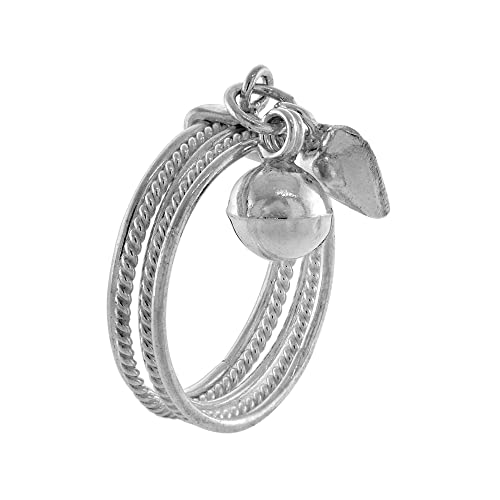 Sterling Silver 5 Ring Stacked Dangling Heart Jingle Bell Charm Ring For Women Girls 2Mm Wide Size 8.5 #TOP1