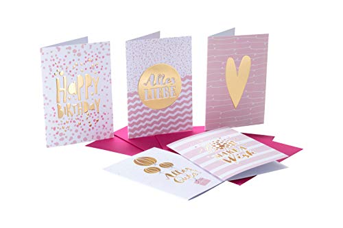 5 Geburtstagskarten im Set inkl. Umschläge in pink. Rosa Glückwunschkarten zum in DIN A6 mit edler F