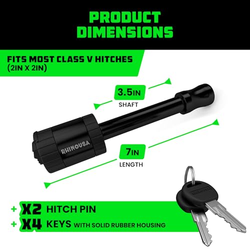 Image of Rhino USA 2 inch Trailer Hitch Pin - Patented Locking Receiver Pin for Class III /IV Hitches - Weatherproof, Anti-Theft, Debris-Protected - Tow Truck Ready - BLK 2PK Keyed-Alike